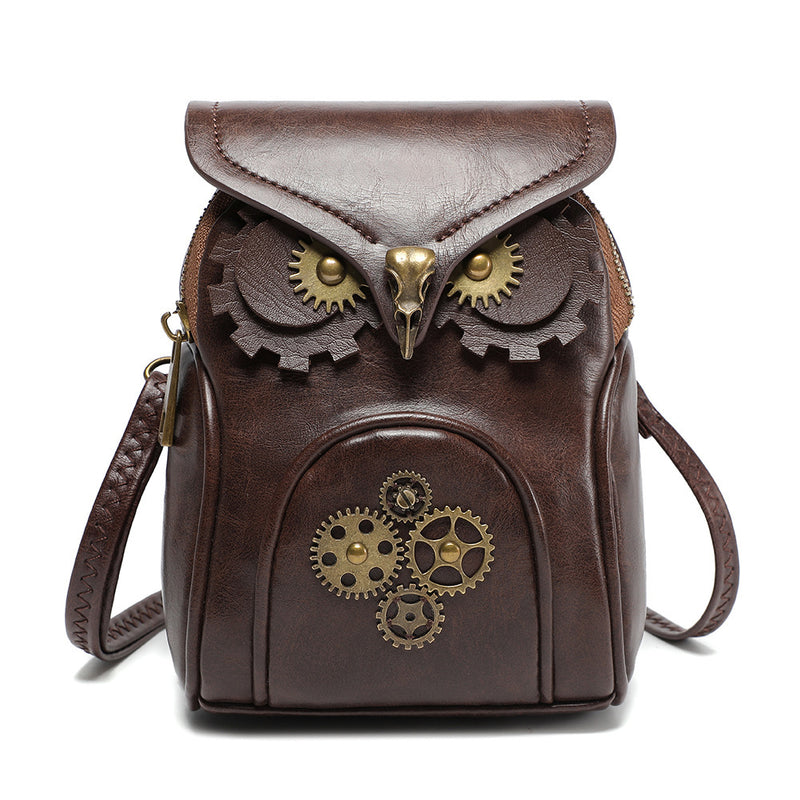 Brown owl bag front view with gear motif pocket