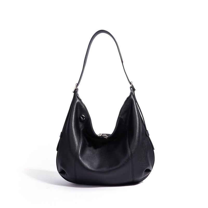 Black leather hobo bag, front view
