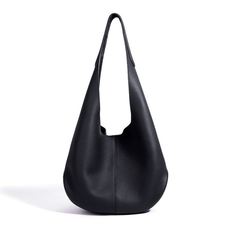 Black slouchy pebbled leather tote, front view