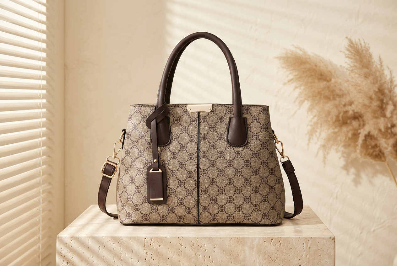 Monogram Sable — PEVELL structured leather handbag in Li Pattern Beige