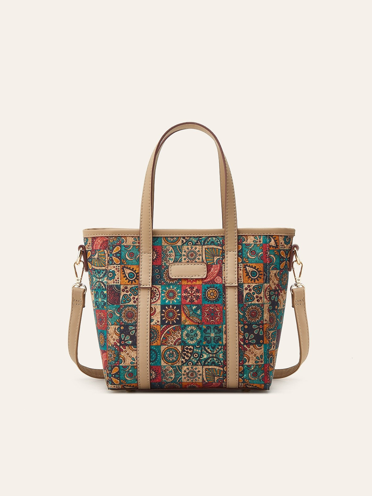 Green and red patchwork print cork tote, front view