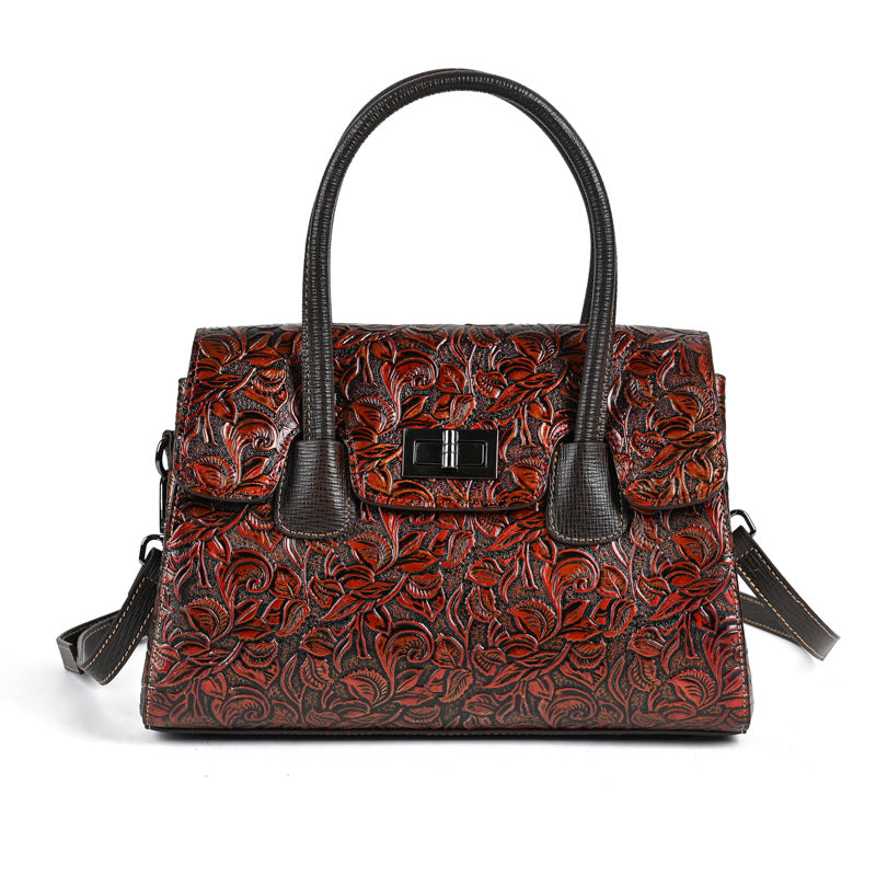 Women's Vintage Embossed Leather Satchel with Turn-Lock