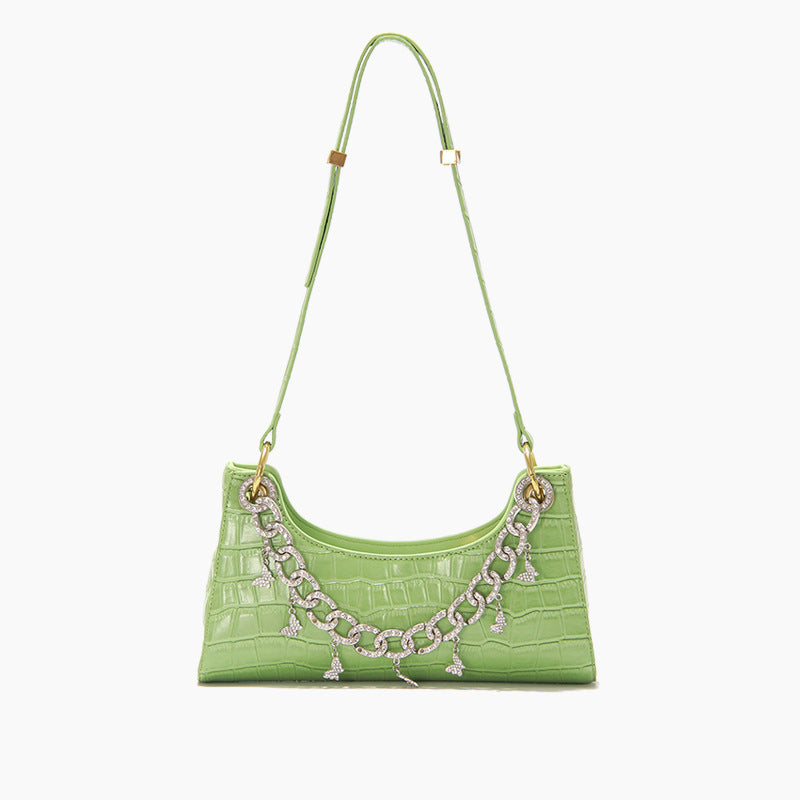 Women's Glossy Croc Shoulder Bag with Pearl Chain and Scarf Strap