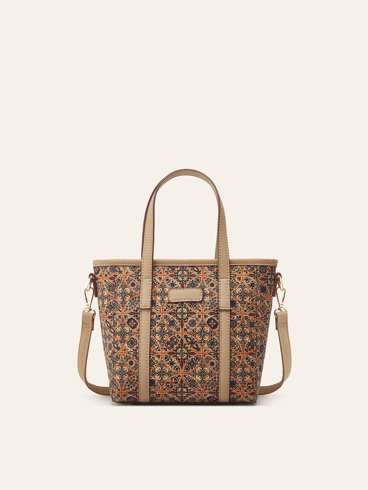 Small champagne print cork tote with shoulder strap