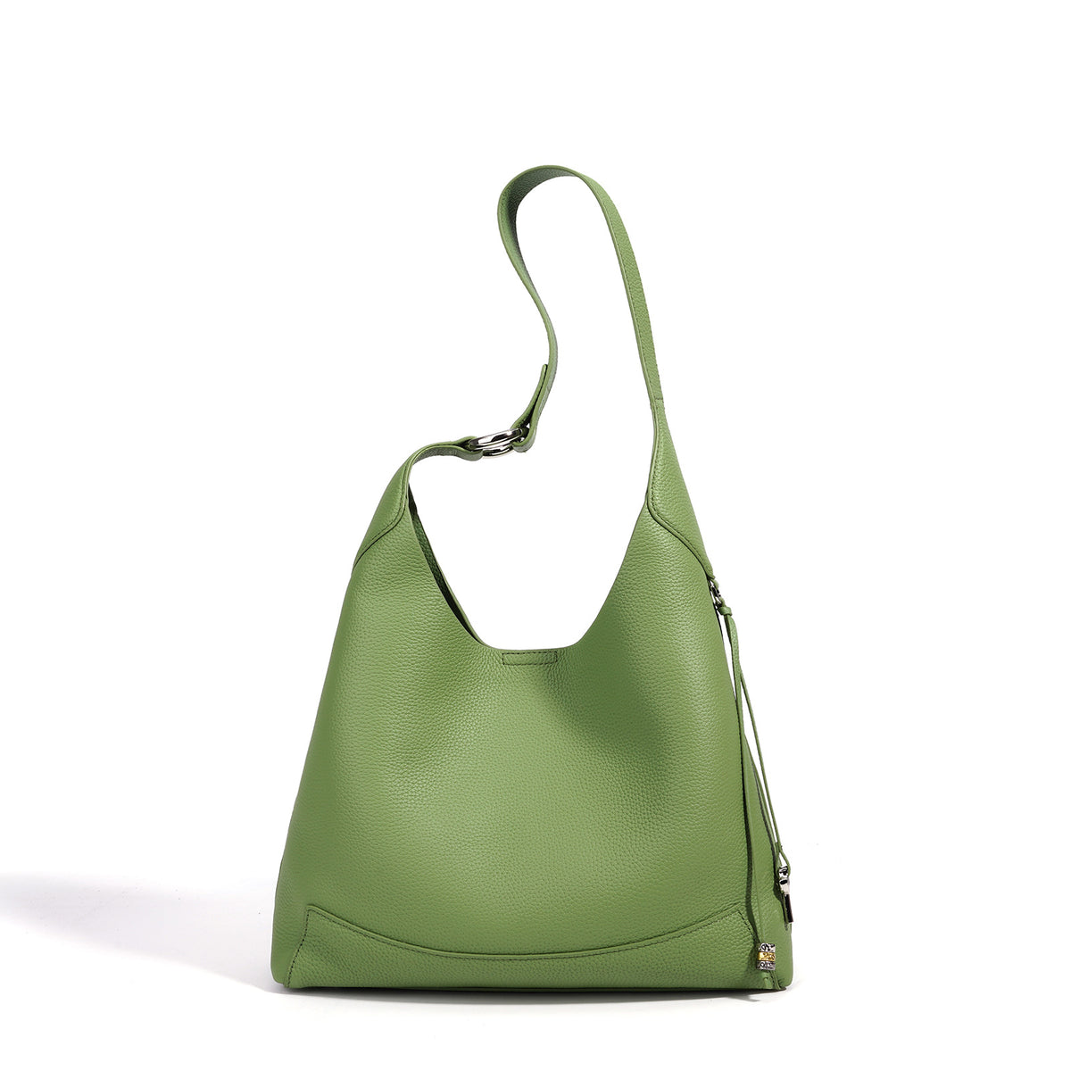 Green leather shoulder bag with buckled strap, angled view