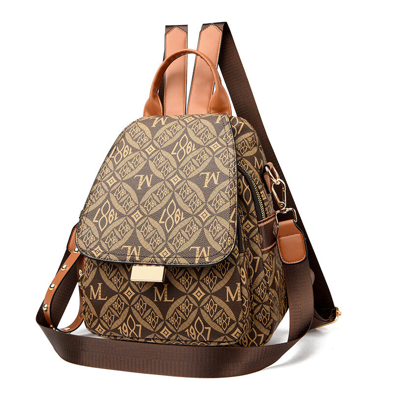 Women's Printed Mini Backpack with Leather-Look Trim