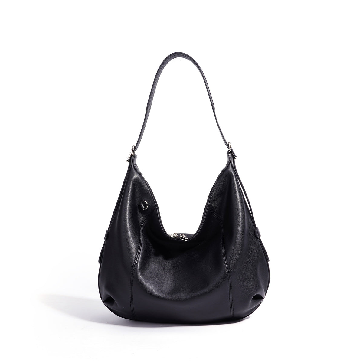 Black leather hobo bag, front view
