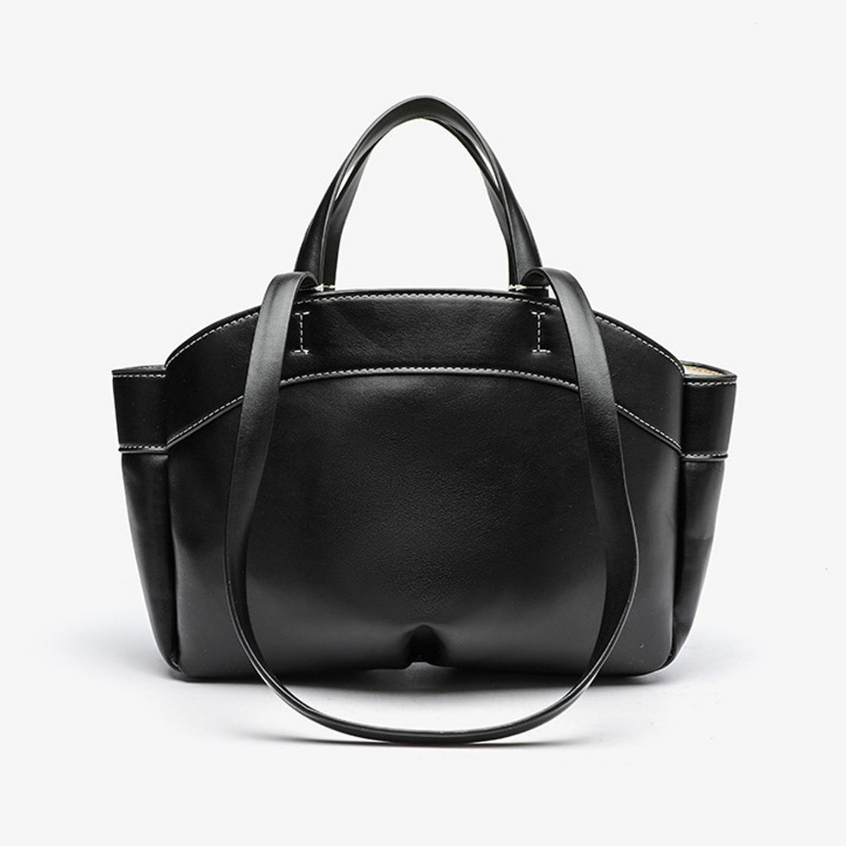 Black faux leather work tote with side pockets