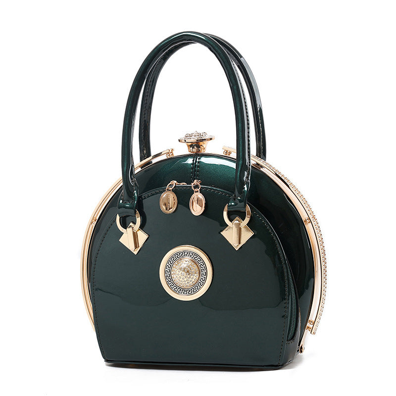 Women's Glossy Patent Frame Handbag with Crystal Clasp
