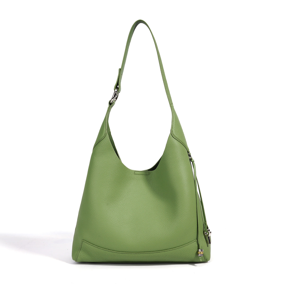 Green leather shoulder bag, front view