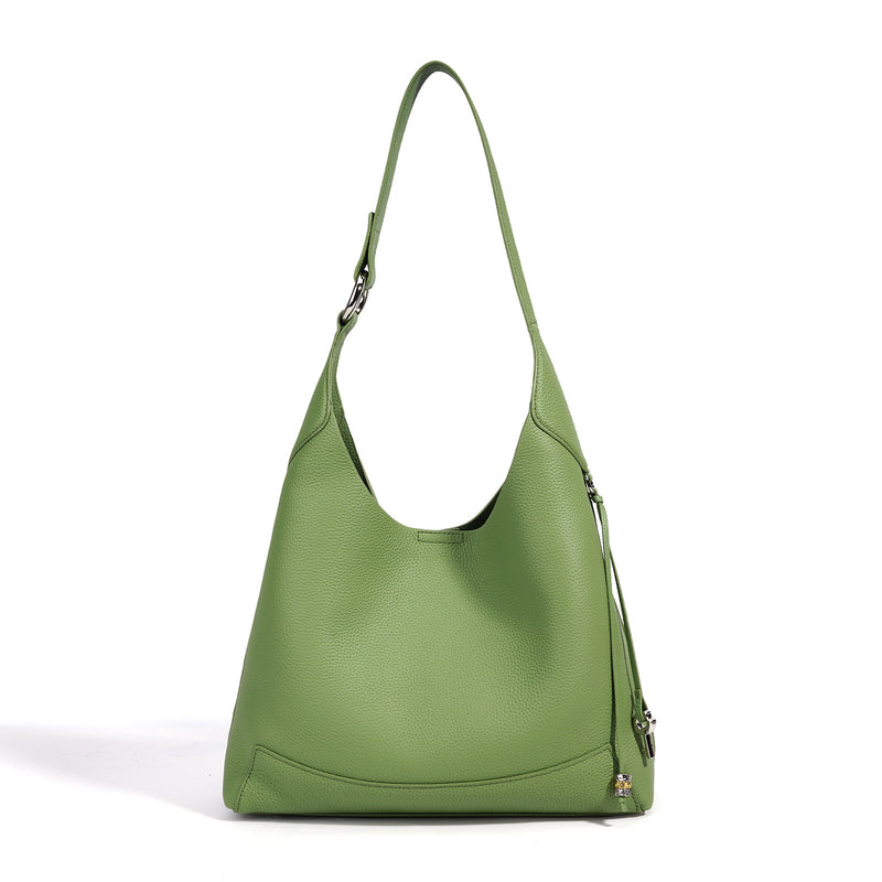 Green leather shoulder bag, front view