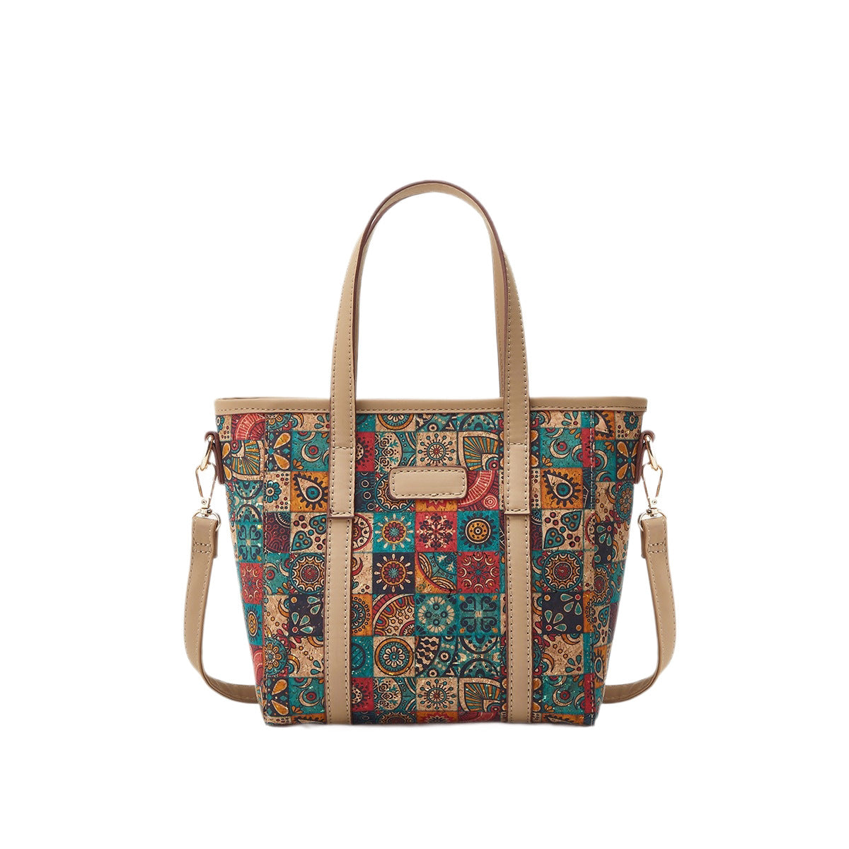 Multicolor tile print cork tote with tan straps