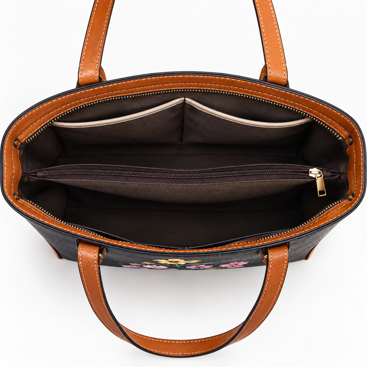 Open charcoal tote showing zippered center compartment
