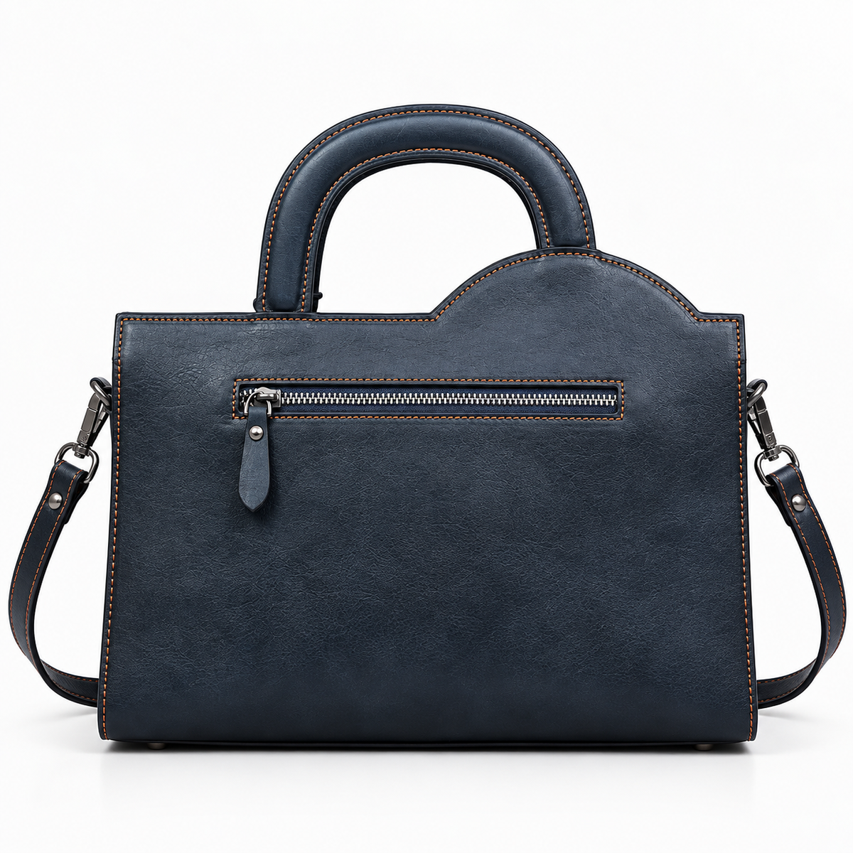 Back view of the leather bag with zip pocket and shoulder strap