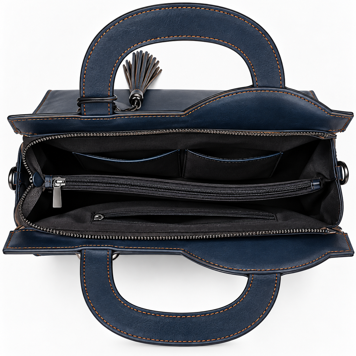 Open bag showing interior zip pocket and slip pockets