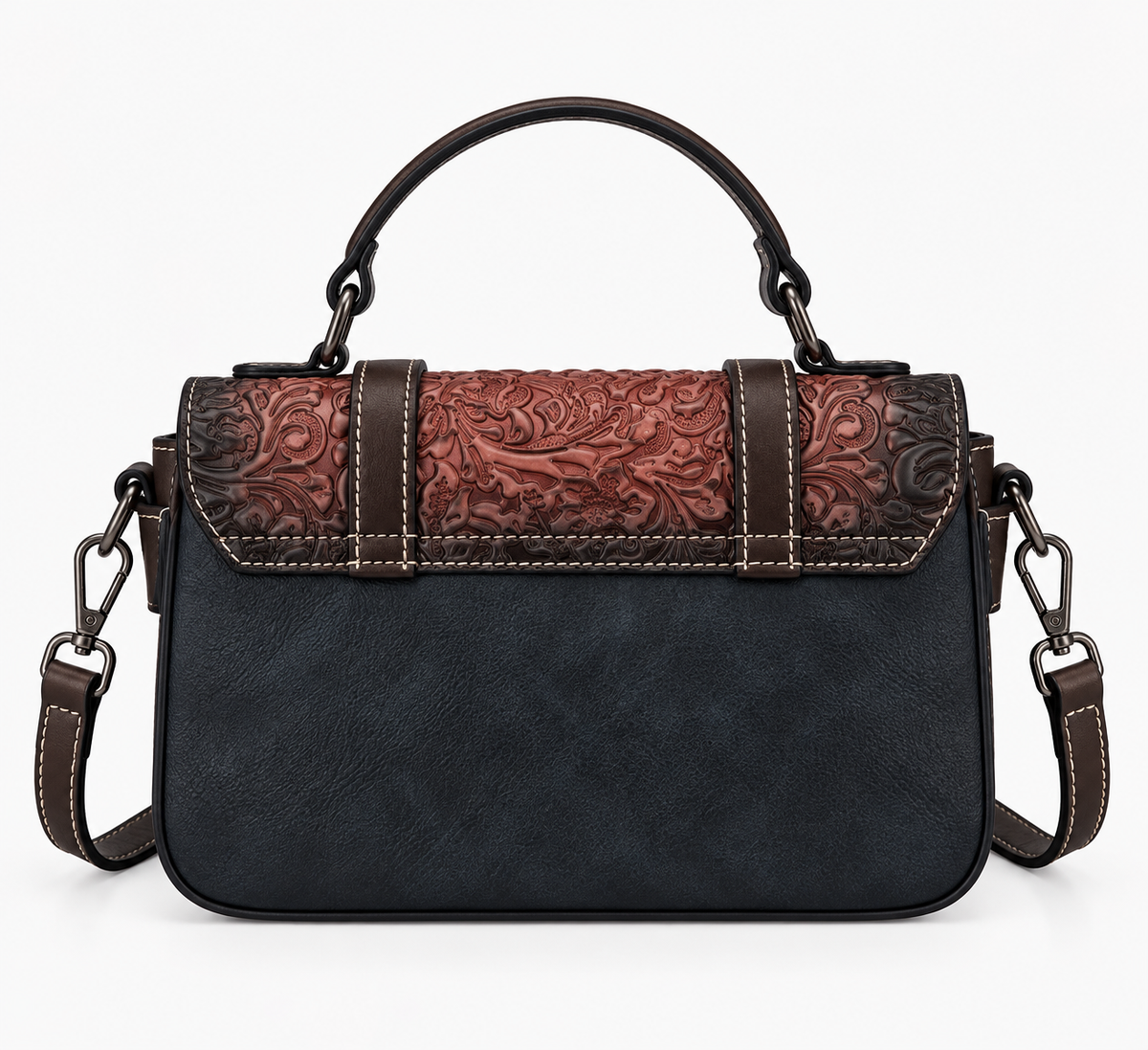 Navy and red satchel, back view with crossbody strap