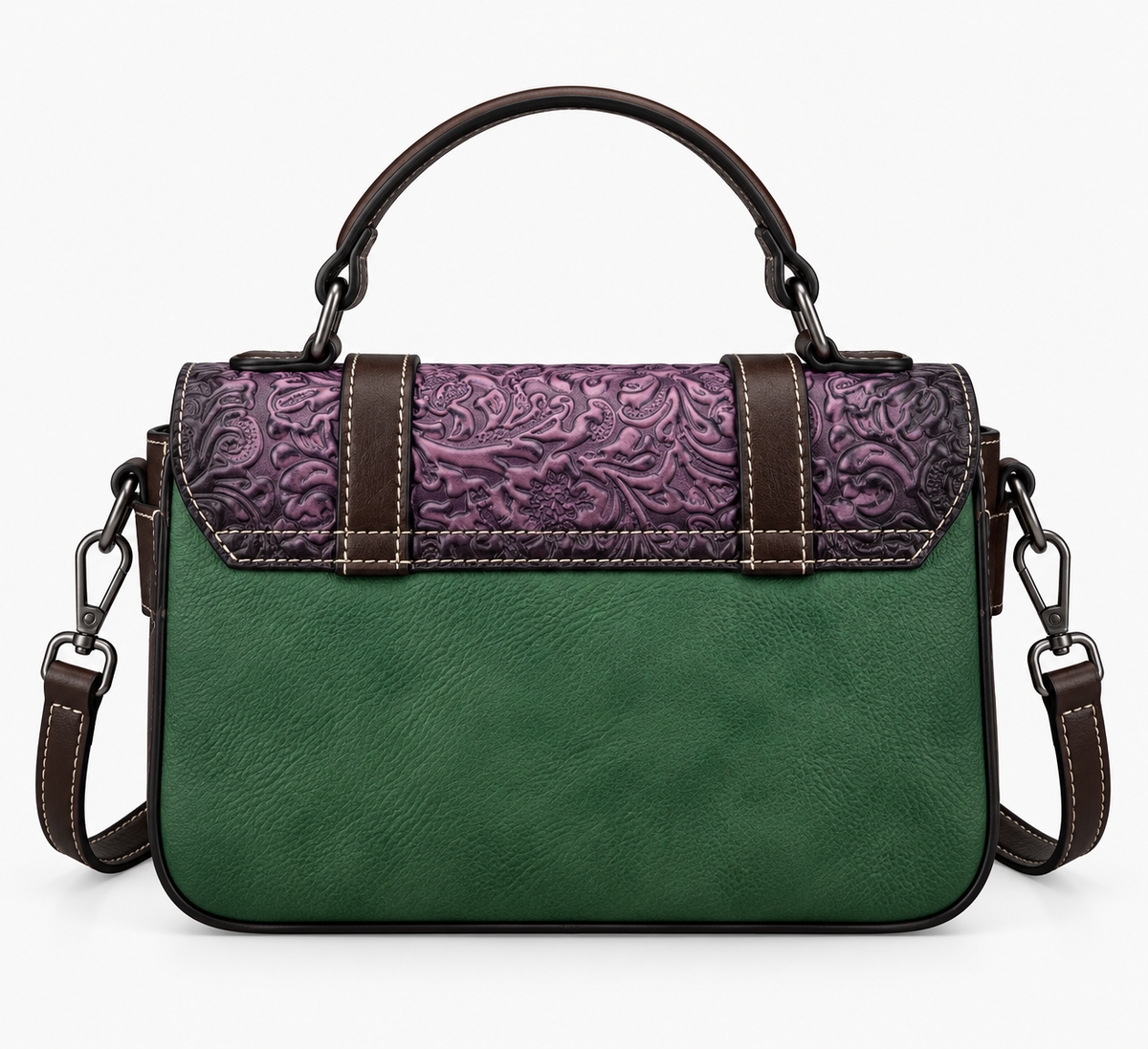 Green and purple satchel, back view