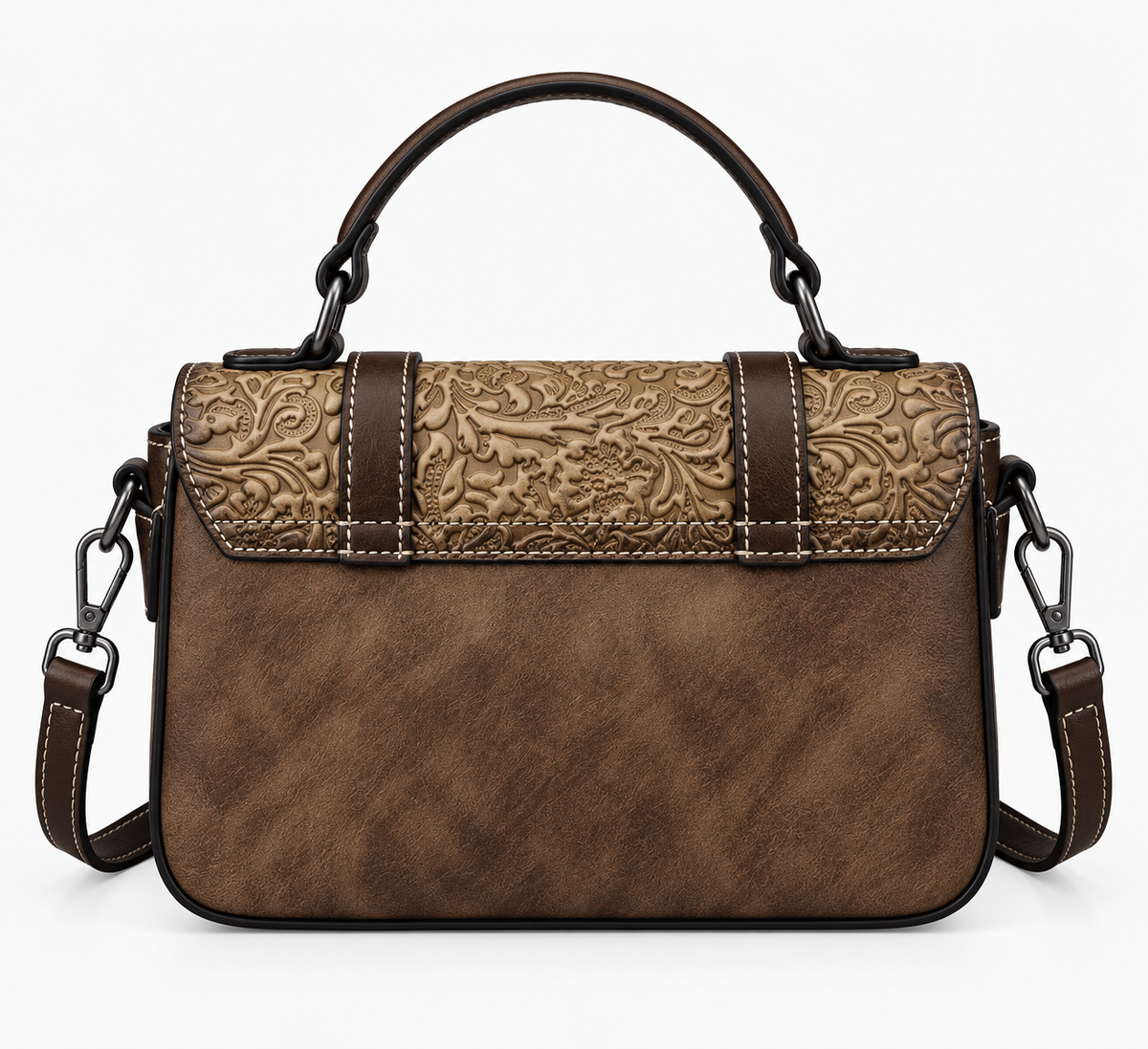 Brown satchel, back view with crossbody strap