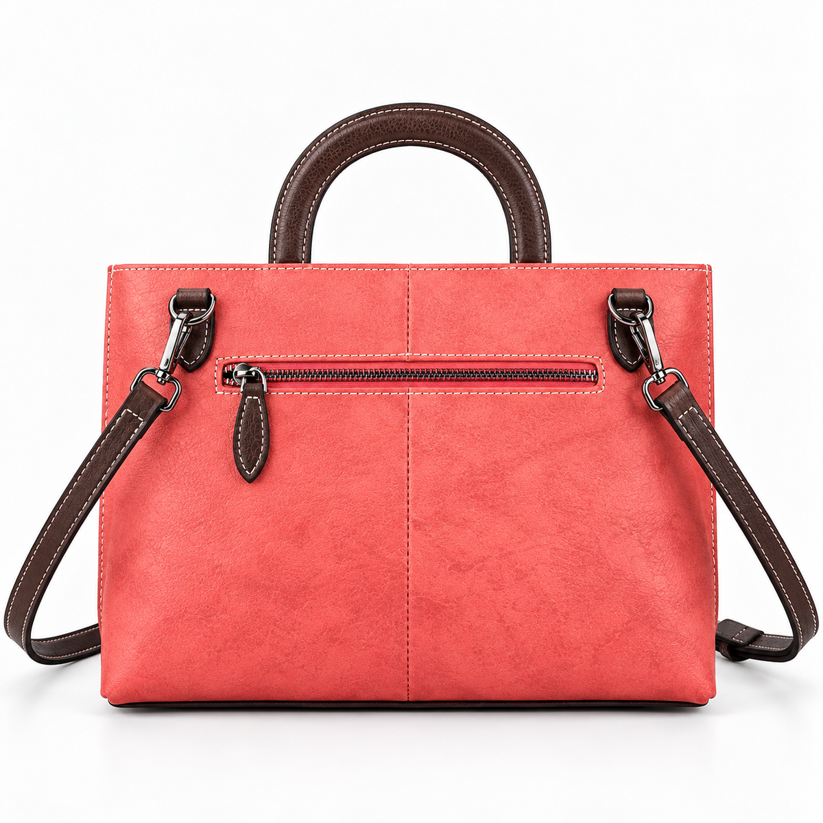 Coral red tote back view with zip pocket and shoulder strap