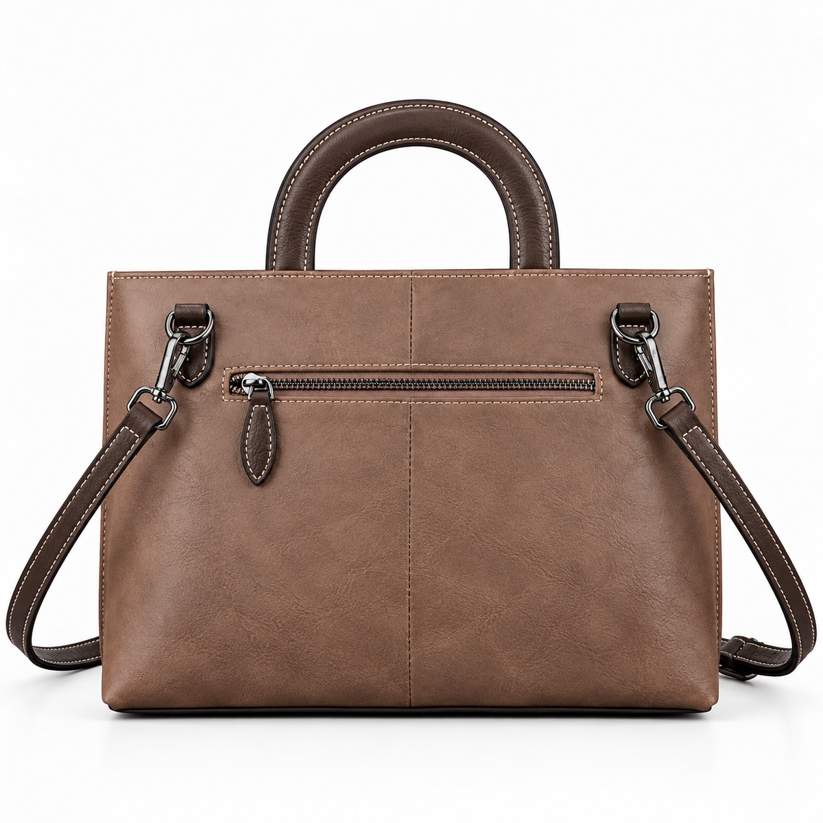 Brown tote back view with zip pocket and shoulder strap
