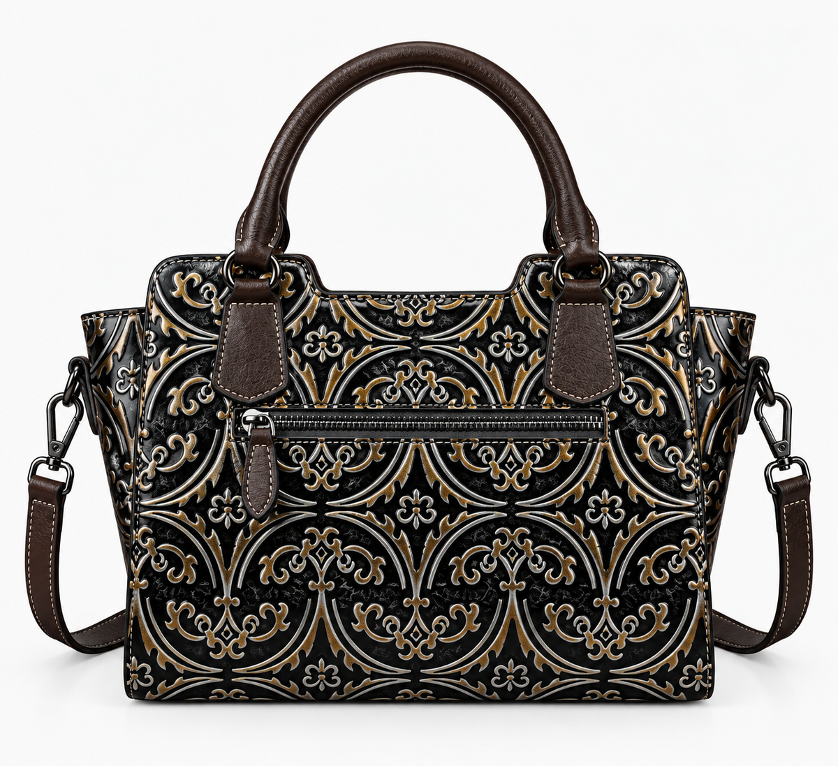 Back view of the embossed leather satchel with zip pocket and shoulder strap