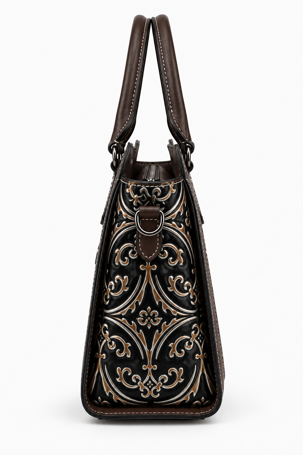 Side view of the embossed scroll-pattern leather satchel
