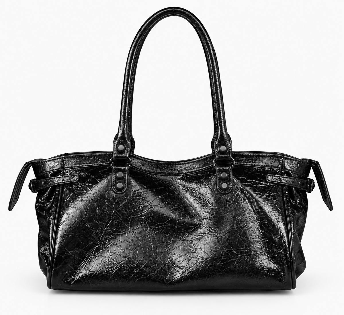Black crinkled leather moto shoulder bag, back view