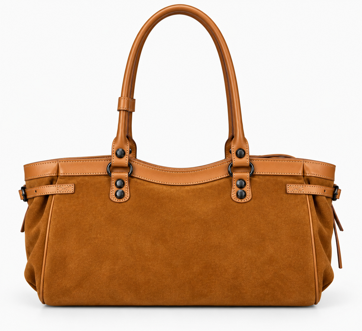 Tan suede-finish moto shoulder bag, back view