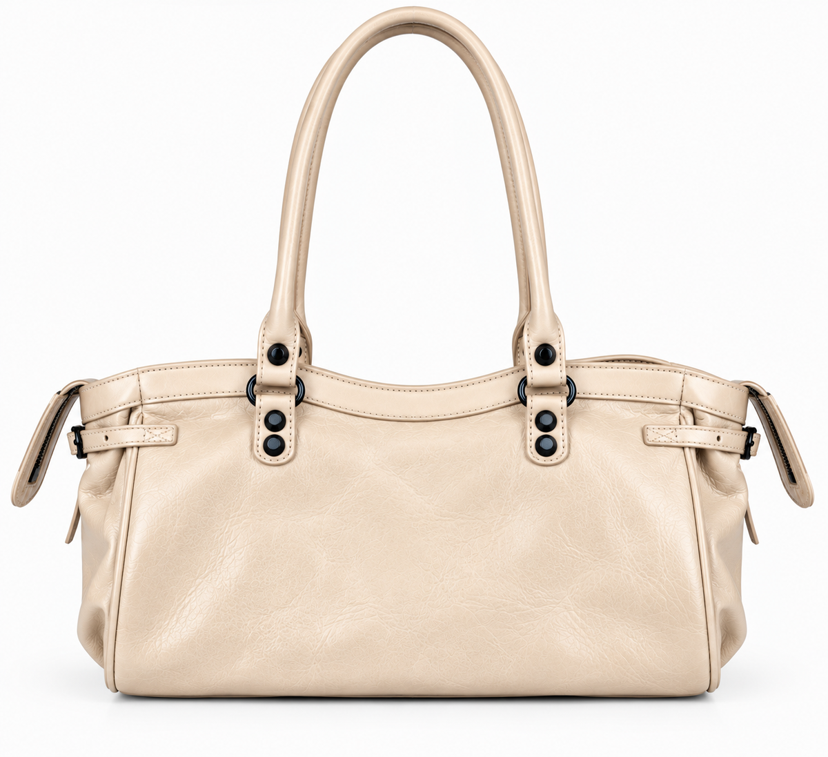White leather moto shoulder bag, back view