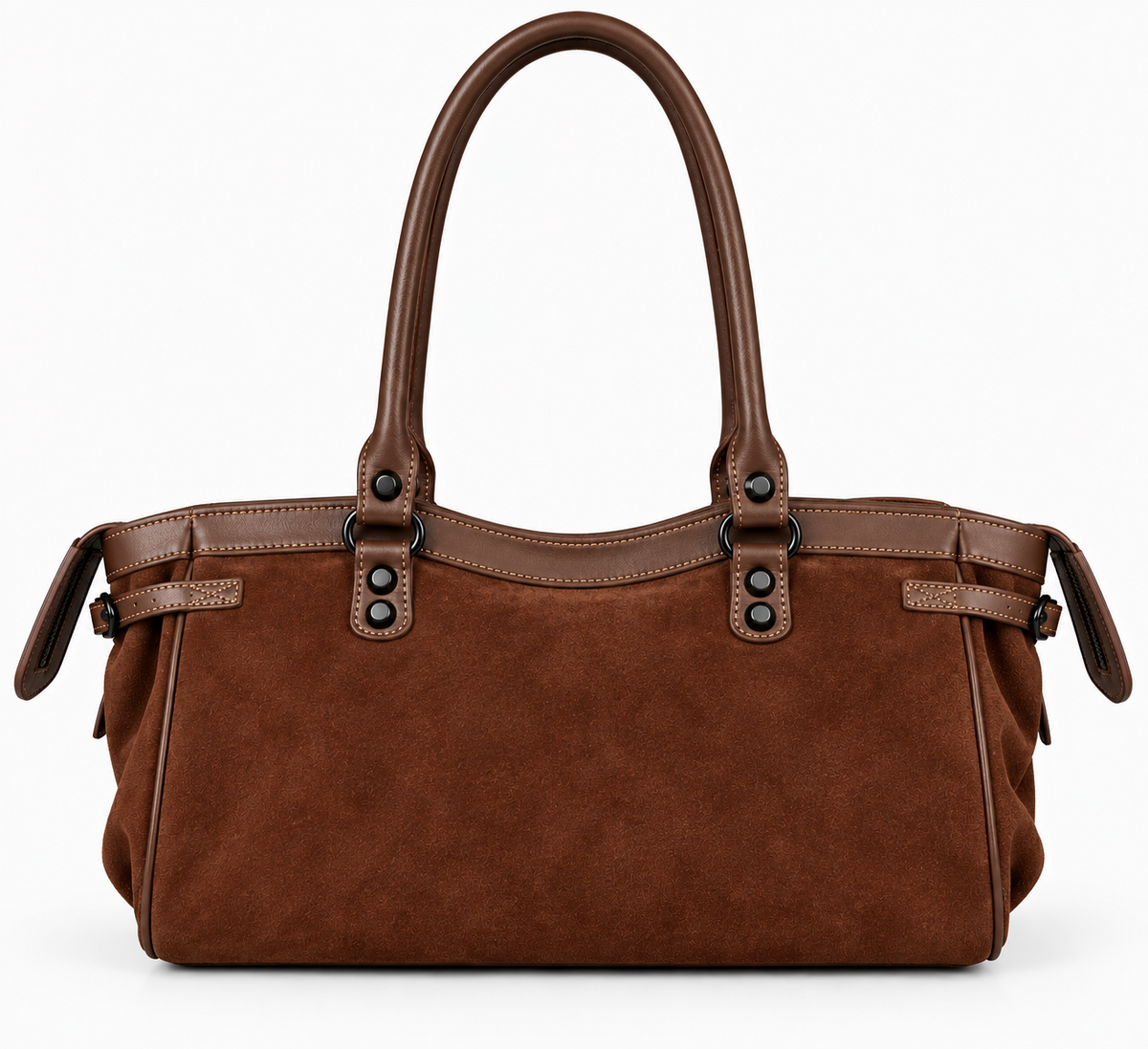 Coffee suede-finish moto shoulder bag, back view