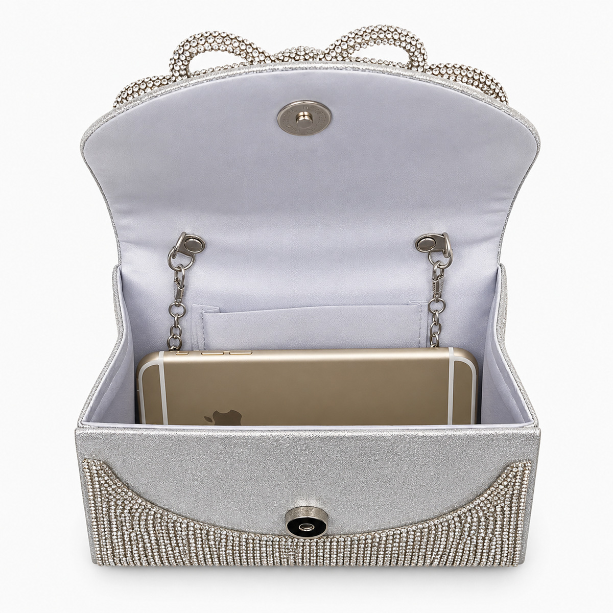 Open silver evening bag with satin lining, chain strap and a phone inside