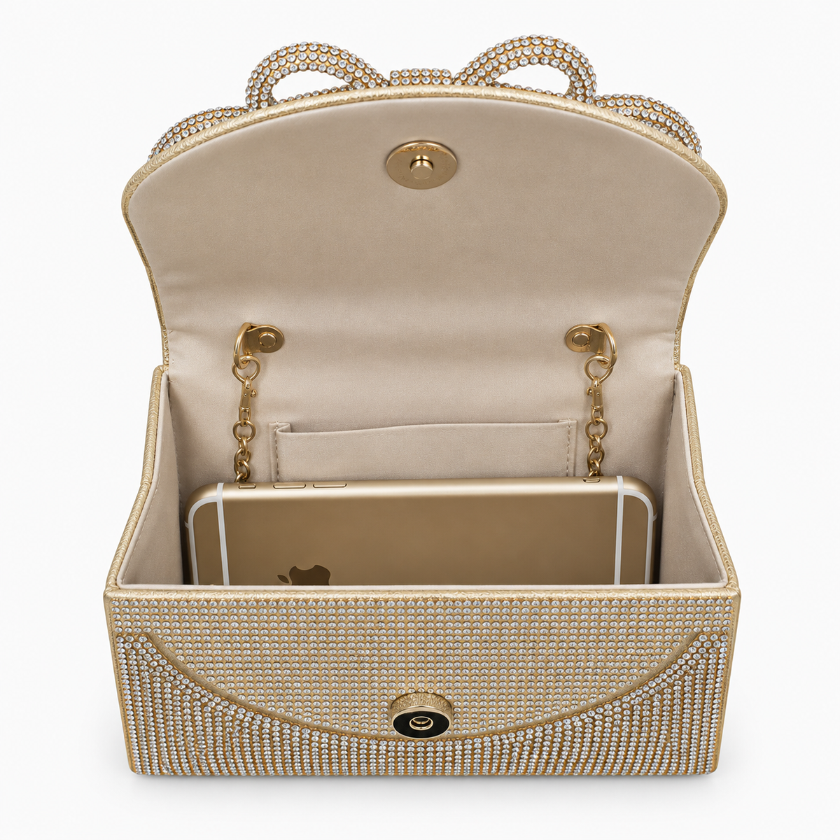 Open gold evening bag with magnetic snap and chain strap