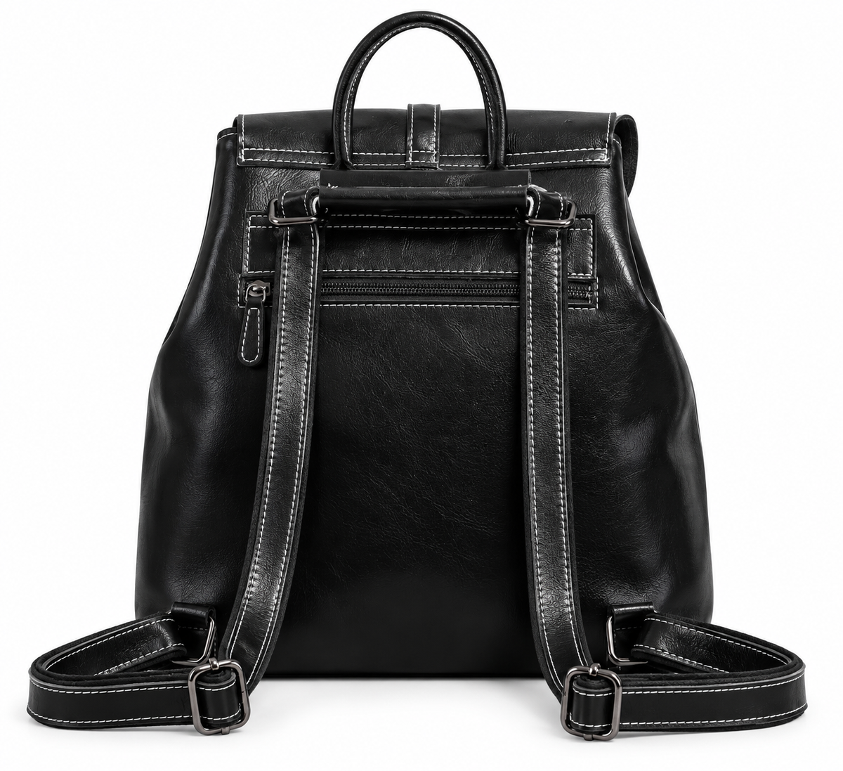 Black leather backpack back view with adjustable straps and zip pocket
