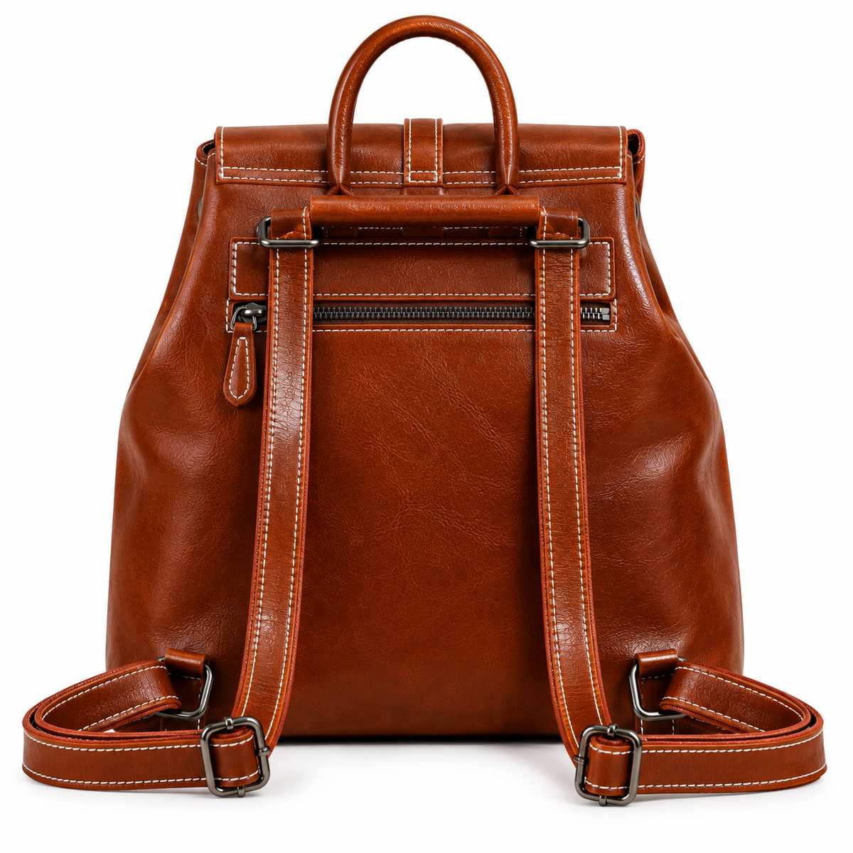 Brown leather backpack back view with adjustable straps and zip pocket