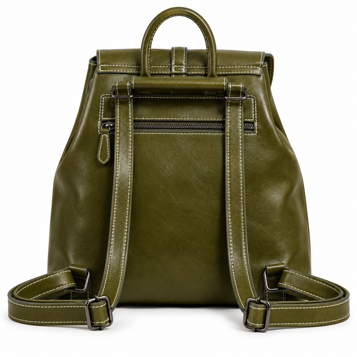 Green leather backpack back view with zip pocket