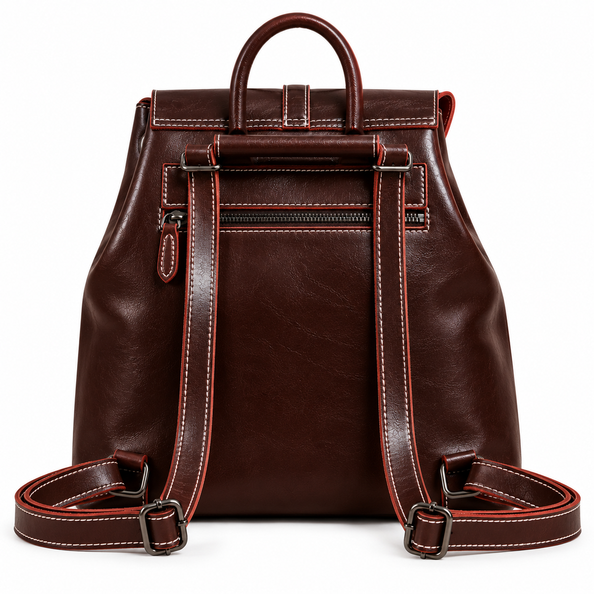Dark Brown leather backpack back view with adjustable straps