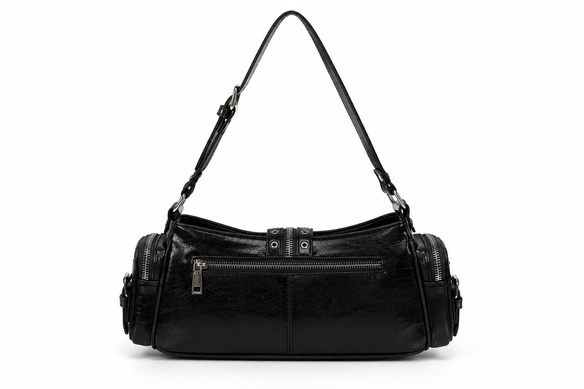 Women's Retro Faux Leather Shoulder Bag in Black, view 3