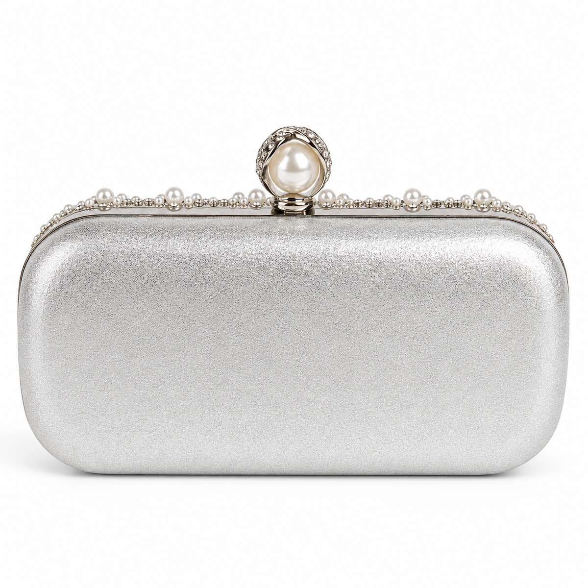 Silver back of the bridal clutch with pearl clasp