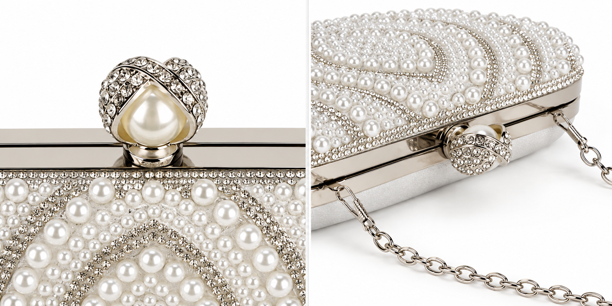 Close-up of the pearl clasp and the clutch with its chain strap