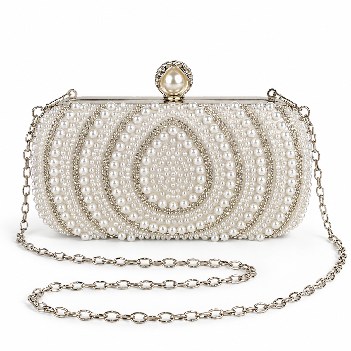 White pearl bridal clutch with silver chain shoulder strap