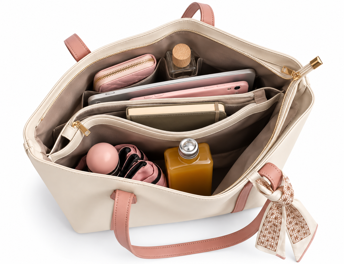 Women's Large Bucket Tote Bag in Cream & Pink, view 2