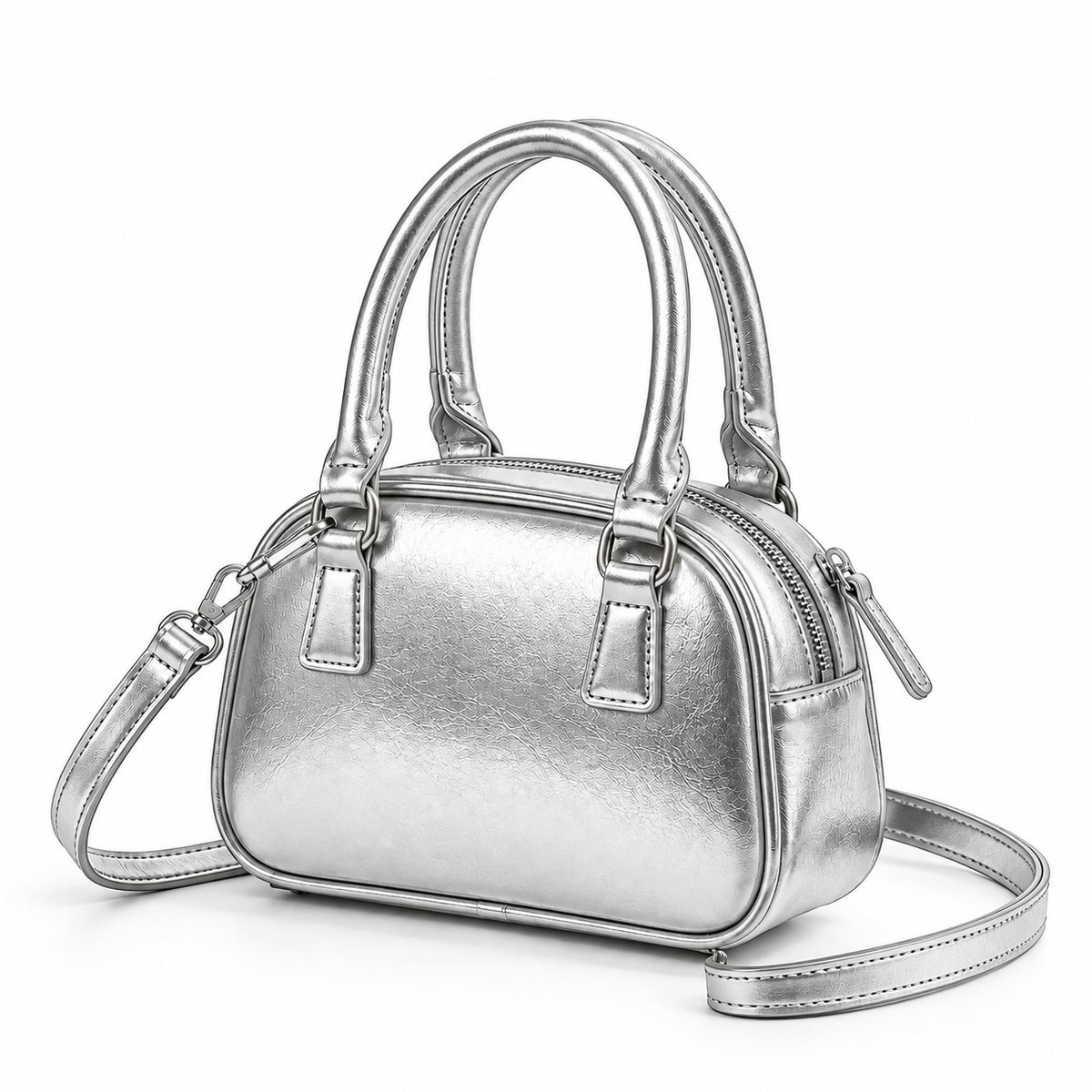 Women's Small Square Top Handle Bag in Silver, view 2