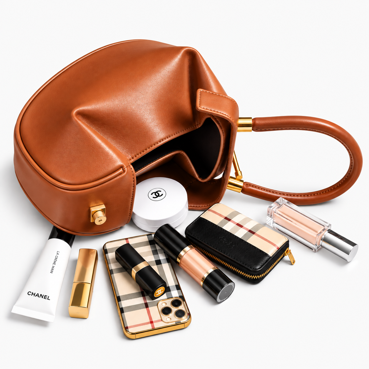 Women's Genuine Leather Clutch Handbag in Caramel, view 3