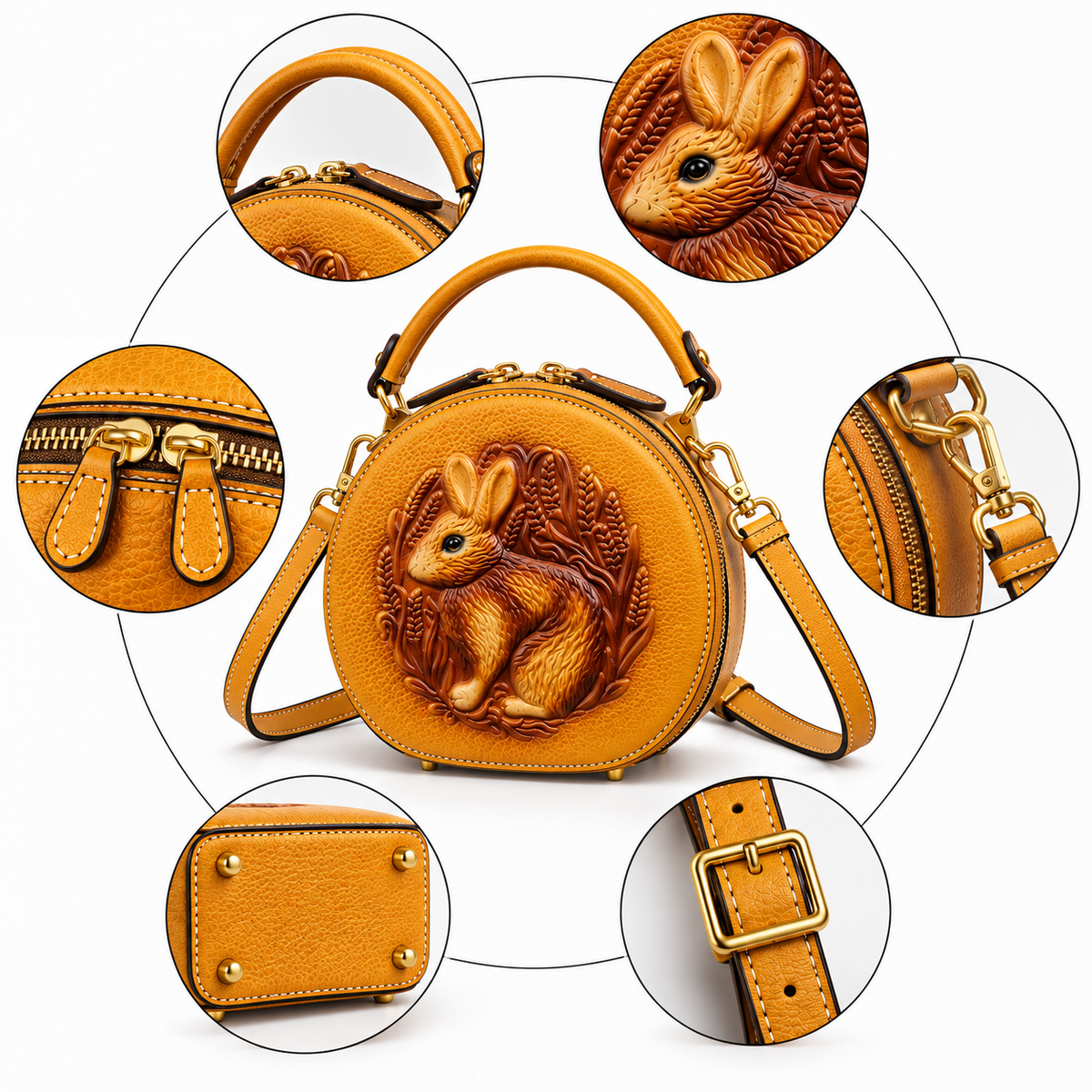 Women's Embossed Genuine Leather Handbag in Yellow, view 3