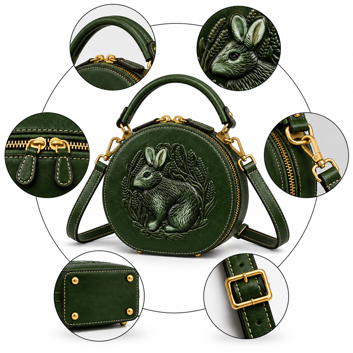 Women's Embossed Genuine Leather Handbag in Green, view 3