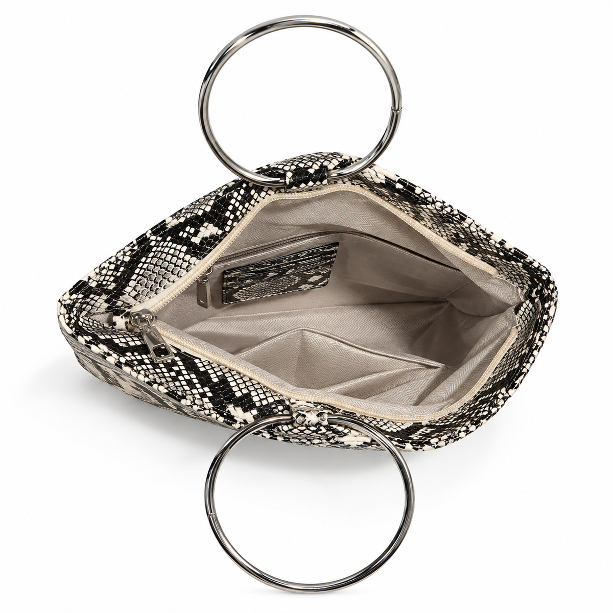 Open snakeskin clutch showing beige lining and inner pocket