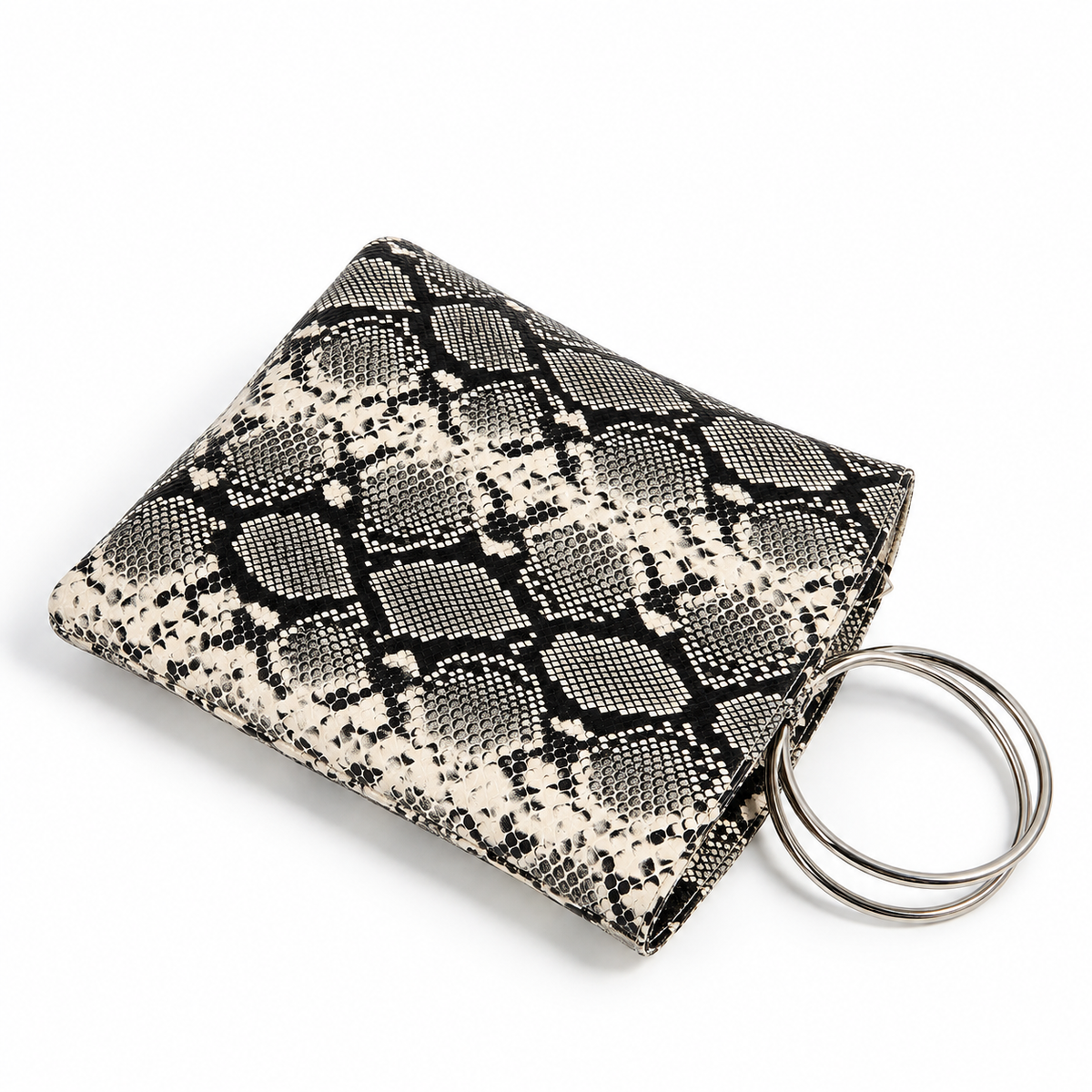 Snakeskin-print clutch lying flat with two ring handles