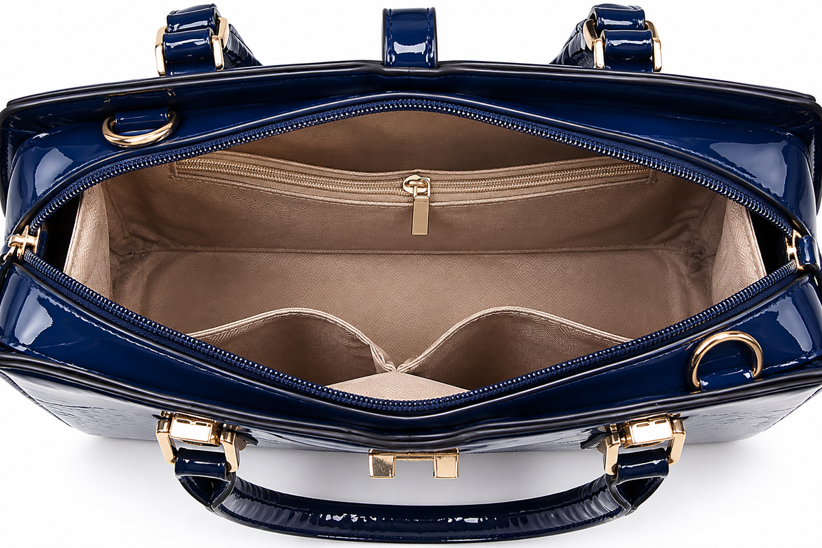 The Gloss Croc Vegan Leather Satchel Handbag in Royal Blue, view 2