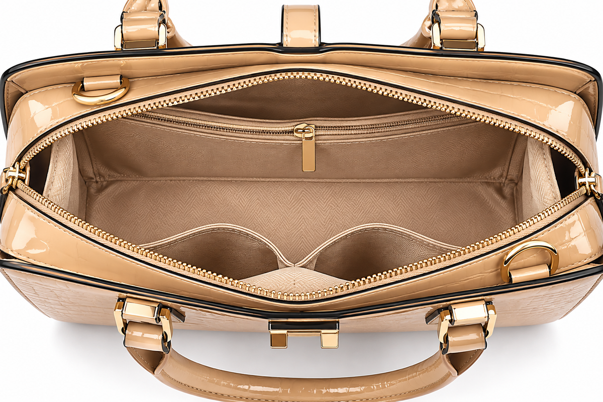The Gloss Croc Vegan Leather Satchel Handbag in Beige, view 2
