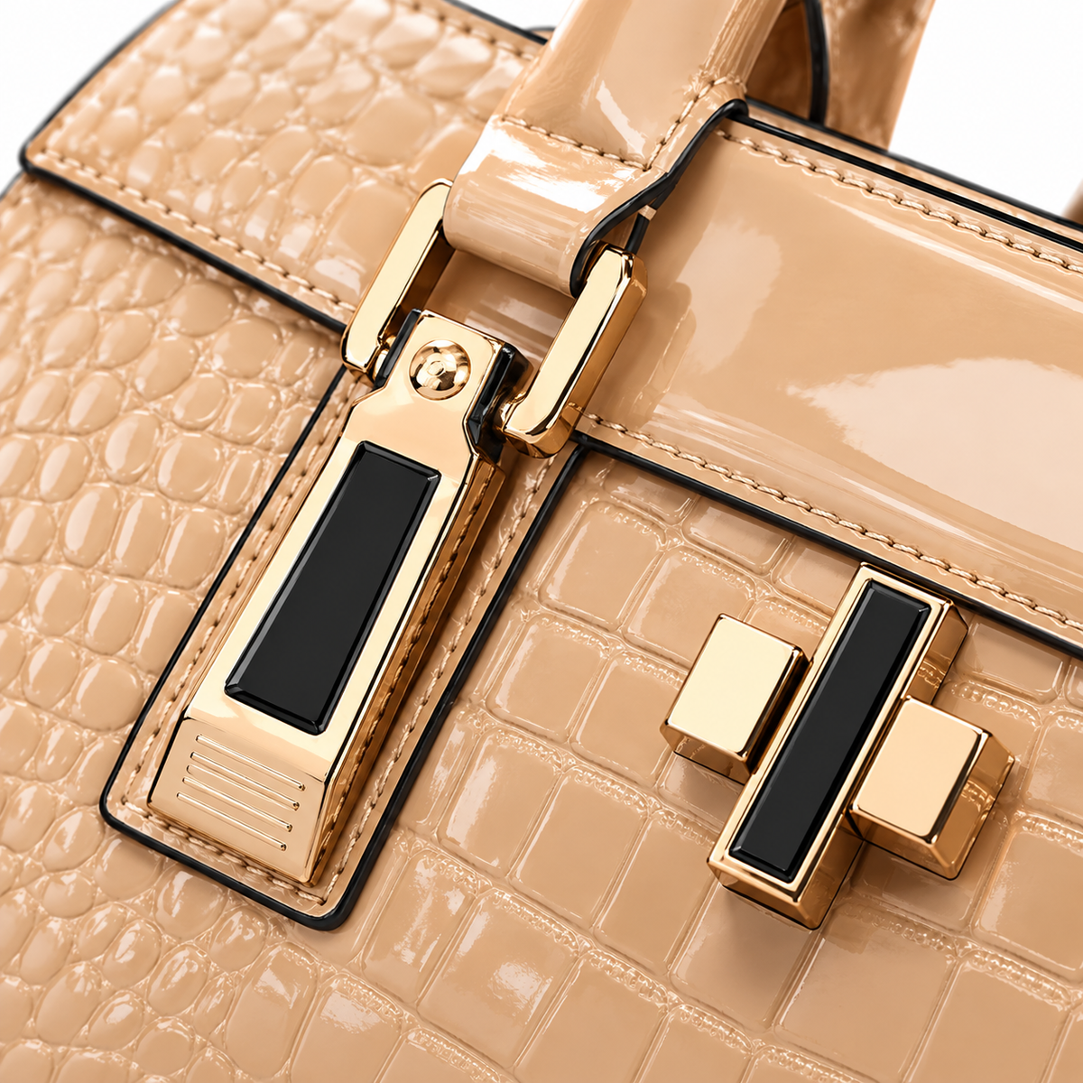 The Gloss Croc Vegan Leather Satchel Handbag in Beige, view 3